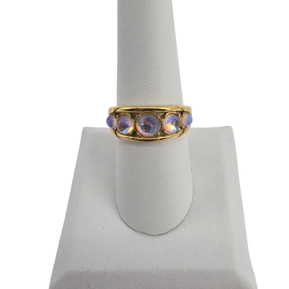 Ring Womens 7.5 Iridescent Cabochon Gold Tone Statement Band EUC
